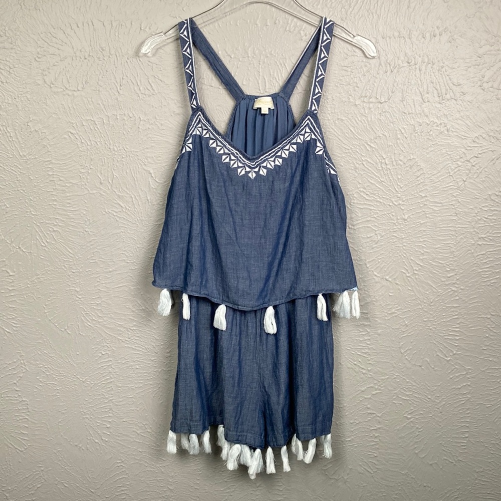 Shoshanna Swimwear Blue & White Embroidered Tassel Romper Shorts Cover U… - Picture 4 of 15